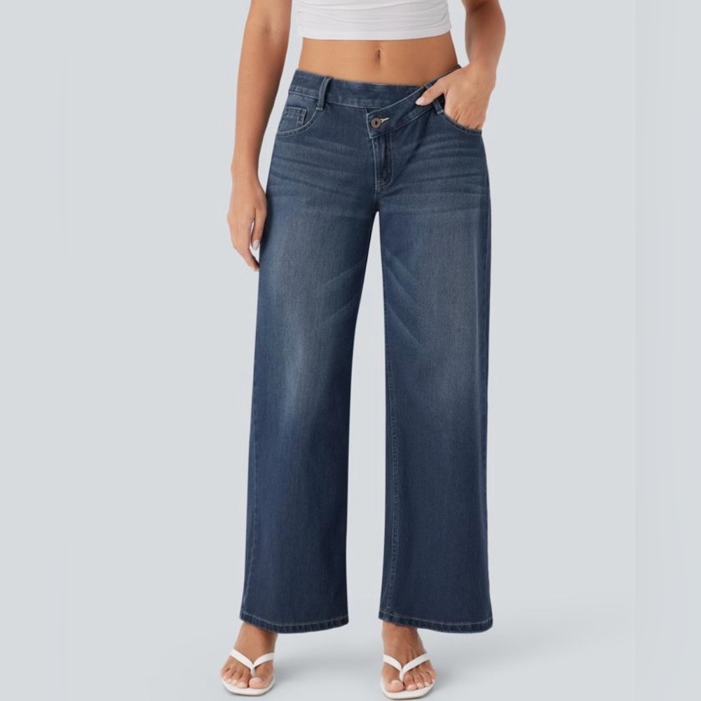 HALARA Asymmetric Dark Blue Stretch Denim Wide Leg Jeans Women’s XL Reg NWT - Picture 10 of 12